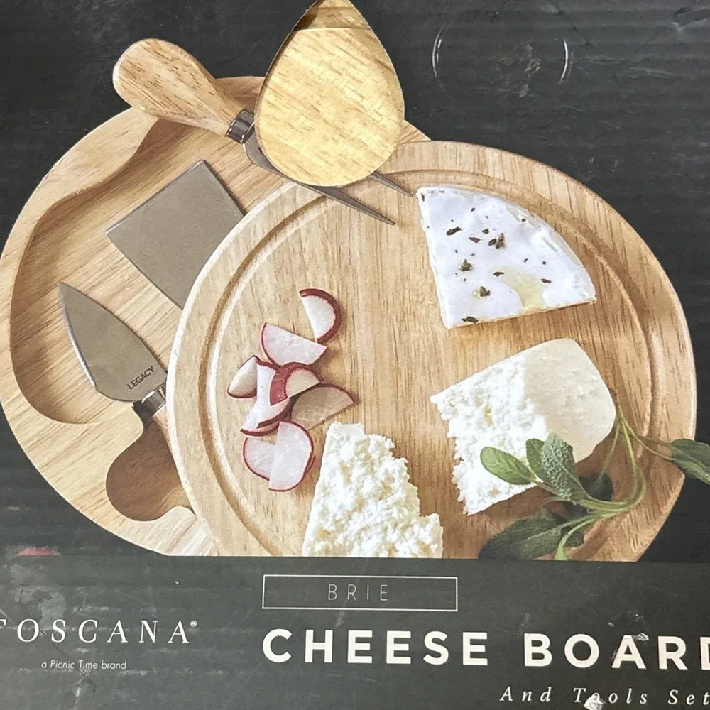 Toscana Wood Cheese Board Round Acacia Brie Tools Knife Set‎ Charcuterie 7 Inch